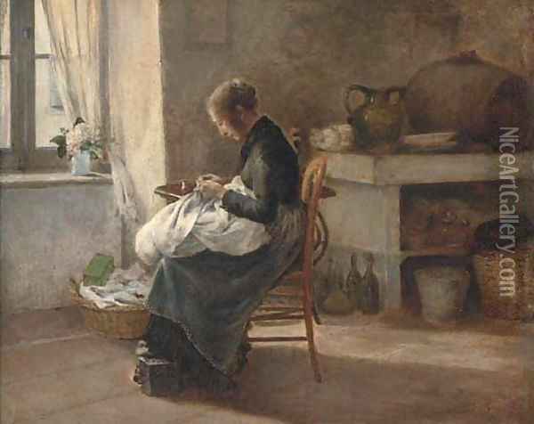Woman sewing in an interior Oil Painting - Marie-Gabriel Biessy