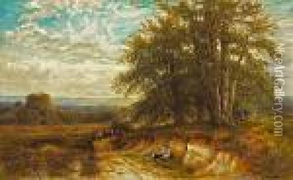 An Extensive Landscape With A 
Haywagon And Figures On The Road With Another Figure Resting In The 
Foreground Oil Painting - Edmund George Warren