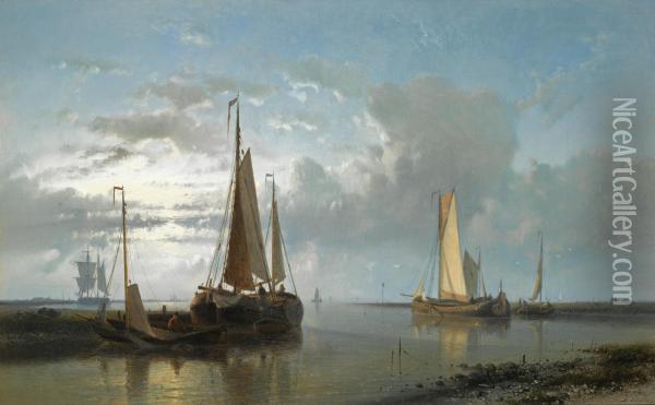 Fishing Vessels In An Estuary Oil Painting - Abraham Hulk Jun.