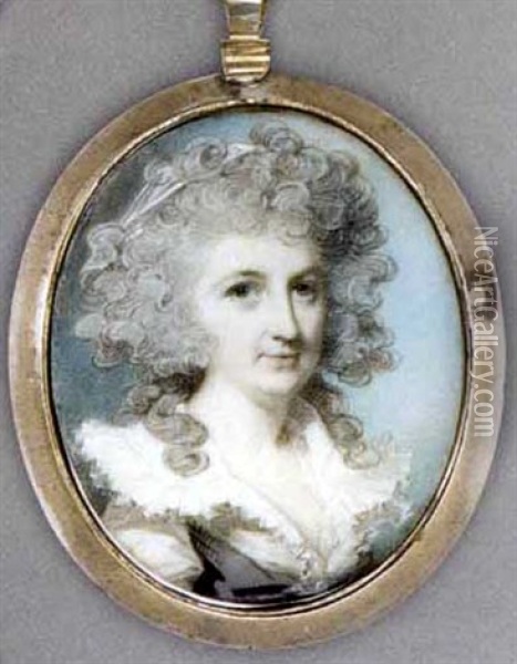 Mrs Dixon Hoste, In White Dress With Wide Frilled Collar, Grey Sash, White Bandeau In Her Long Powdered Curling Hair Oil Painting - George Engleheart