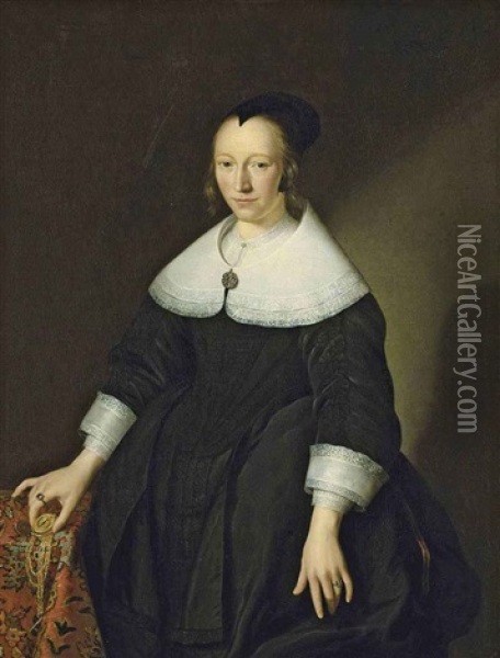 Portrait Of A Lady In A Black Dress With Lace-edged Collar And Cuffs, A Black Cap, A Jeweled Pendant Brooch, Holding A Time-piece In Her Right Hand, By... Oil Painting - Jan Albertsz Rootius