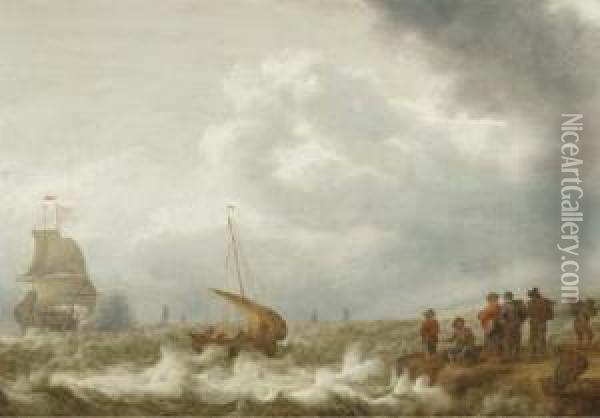 Shipping Off The Coast In A Stiff Breeze, Figures On The Shorelinein The Foreground Oil Painting - Cornelis Stooter