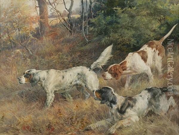 Two Setters And A Pointer In A Field Oil Painting - Edmund Henry Osthaus