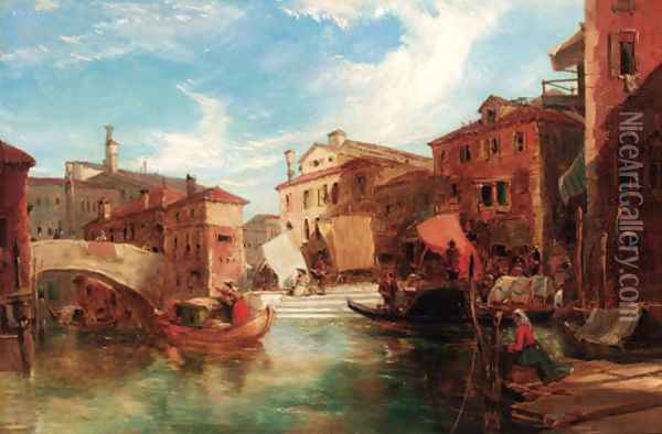 Gondolas by a market, Venice Oil Painting - James Holland