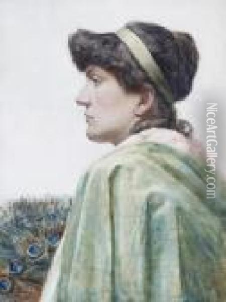 Portrait Of A Lady In Green Oil Painting - William Langley