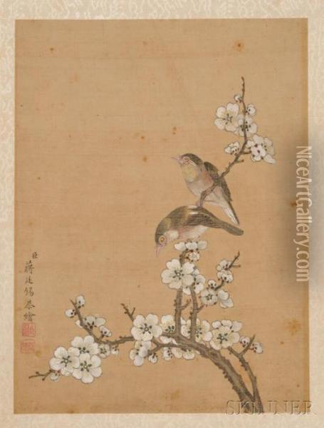 Two Birds On A Branch Oil Painting - Jiang Tingxi