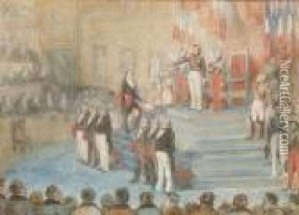 Le Serment Du Roi Louis-philippe Devant Les Chambres Le 9 Aout1830 Oil Painting - Auguste Raffet