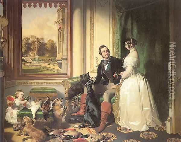Windsor Castle in Modern Times (Queen Victoria, Prince Albert, and Princess Victoria), 1841-45 Oil Painting - Sir Edwin Henry Landseer