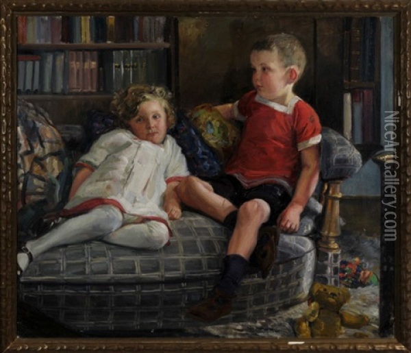 Zwei Kinder Sitzen Auf Der Couch Im Wohnzimmer, Neben Ihnen Ein Teddybar Und Eine Kasperlefigur Oil Painting - Max Wechsler