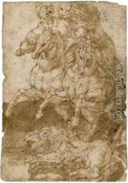 A Horseman Attacked By Lions Oil Painting - Lelio Orsi