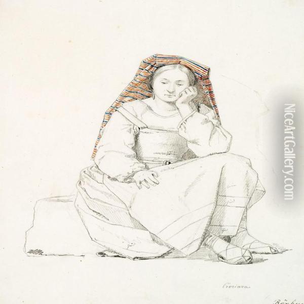 Sitting Italian Woman Wearing A Striped Headscarf Oil Painting - Martinus Rorbye
