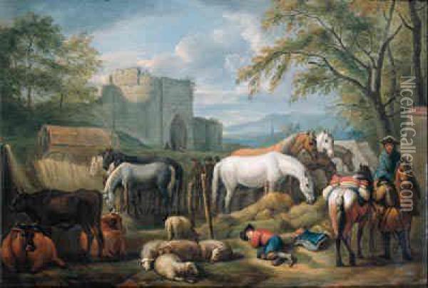 Cavalry Man Halting At A 
Refreshment Place For Horses Outside Atown Gate, A Shepherd Boy Asleep 
In The Foreground; And Cowherdsand Shepherds Fording Cattle, Sheep And 
Goat In A Mountainouslandscape Oil Painting - Pieter van Bloemen