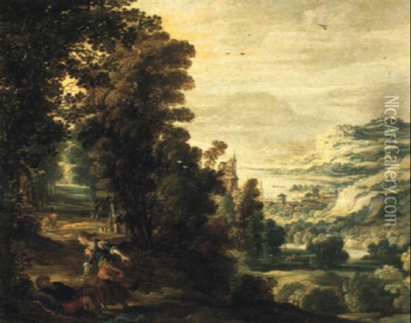 Rinaldo And Armida In An Extensive Wooded Coastal Landscape Oil Painting - Joos de Momper the Younger