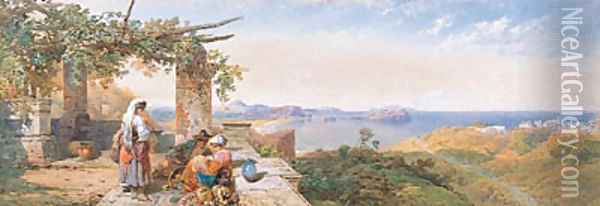 Figures in Neopolitan dress on a Terrace overlooking the Bay of Naples from above Pozzuoli with Nisido and Capri beyond Oil Painting - Thomas Miles Richardson, Jnr.