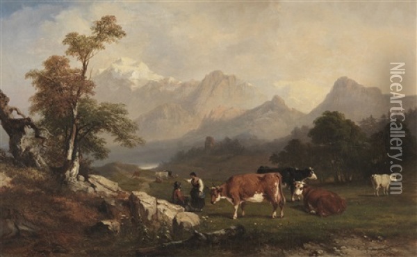 Alpenlandische Szene Mit Viehhirten Oil Painting - Jules Coignet