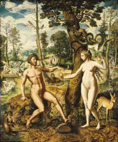 The Temptation, With The Rebuque And The Expulsion From The Garden Of Eden Beyond Oil Painting - Jan Swart Van Groningen