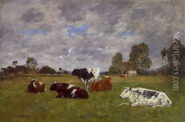Cows in a Pasture Oil Painting - Eugene Boudin