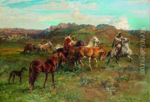 Cavaliers Marocains Et Chevaux Sauvages Oil Painting - Henri Emilien Rousseau