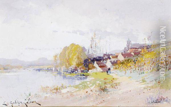 Promenade En Bord De Lac Oil Painting - Eugene Galien-Laloue