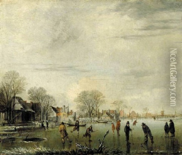 A Frozen Winter Landscape With Figures Playing Kolf, A Village Nearby Oil Painting - Aert van der Neer