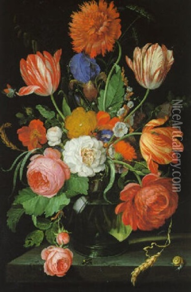 Blumenstraus Von Rosen, Nelken, Pfingstrosen, Iris, Wicke, Malven In Einer Glasvase Oil Painting - Hendrik Schoock