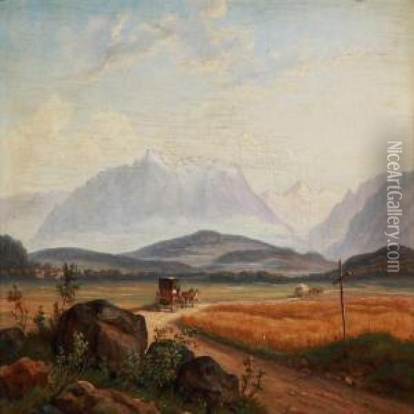 Southern German Mountain Landscape With Horse Carriages On The Road Oil Painting - I. P. Moller