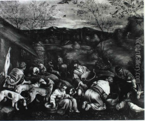 Peasants Tending Farm Animals In A Landscape Oil Painting - Jacopo dal Ponte Bassano