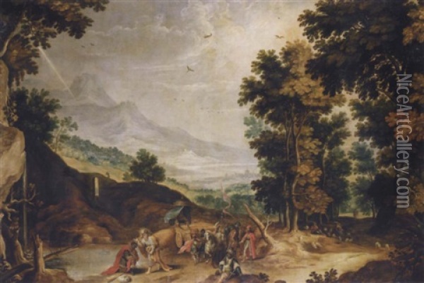 A River Landscape With Saint Philip Baptising The Moor Oil Painting - Joos de Momper the Younger