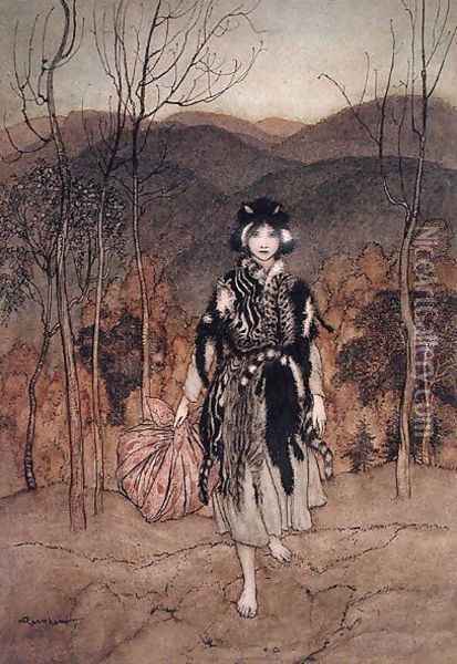 She went along, and went along, and went along dressed in catskin', illustration from English Fairy Tales retold by F.A. Steel, published 1918 Oil Painting - Arthur Rackham