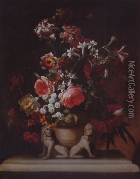 Bouquets De Fleurs Dans Un Vase De Bronze Oil Painting - Antoine Monnoyer