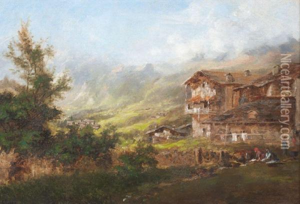 Alpenlandschaft Mit Bauernhausern Oil Painting - Theodor Joseph Hagen
