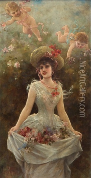 A Charming Flower Girl Oil Painting - Emile Eisman-Semenowsky