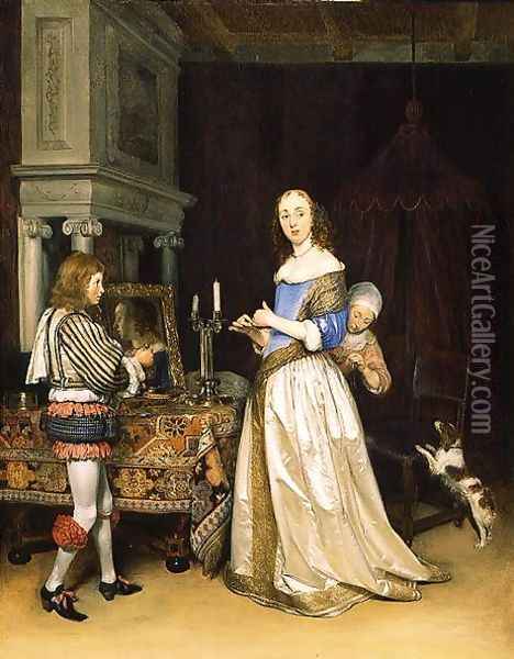 A Lady at Her Toilet, c.1660 Oil Painting - Gerard Terborch