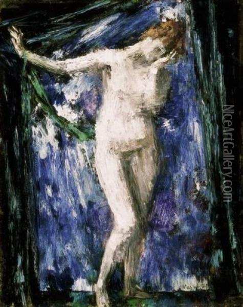 Nude With Blue Background, About 1920 Oil Painting - Janos Vaszary