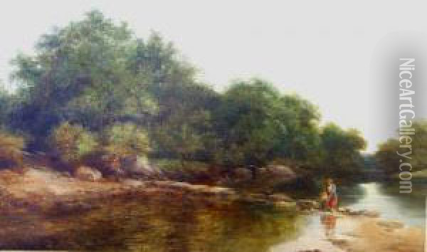 A Rural Riverside Landscapewith Figures Crossing A Stone Bridge Oil Painting - Adam Barland