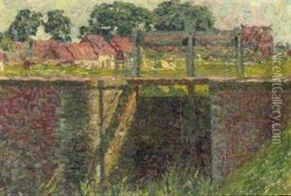 Petite Ecluse: A Lock With A Village Beyond Oil Painting - Modest Huys