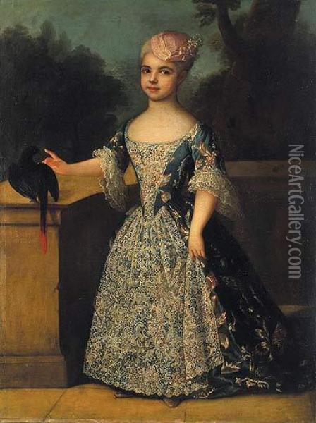 Retrato De Nina, De Cuerpo Entero, Ricamente Vestida En Una Terrraza Con Un Pajaro Oil Painting - Giuseppe Dupra