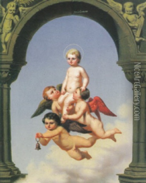 Unter Einem Torbogen Wird Das Jesuskind Von Geflugelten Engeln Getragen Oil Painting - Ernst (Deodat Paul-Ferdinand) Ewald