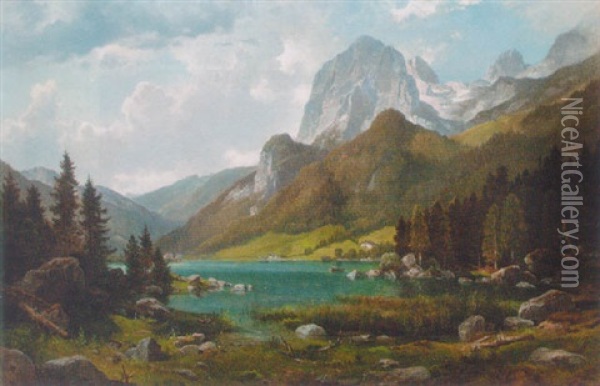 An Alpine River Landscape Oil Painting - Leopold Munsch