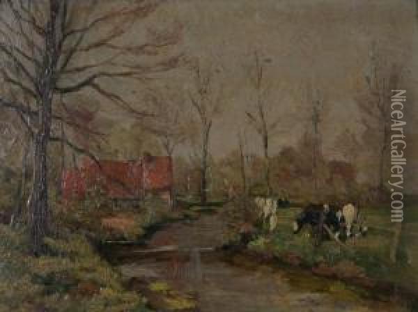 Koeien Aan De Rand Van De Beek Methoeve Oil Painting - Ernest Midy
