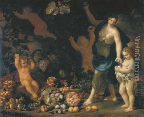 Una Fanciulla Raccoglie Frutti In Un Orto, Porgendoli A Una Bimba, Con Due Putti Oil Painting - Nicola Vaccaro