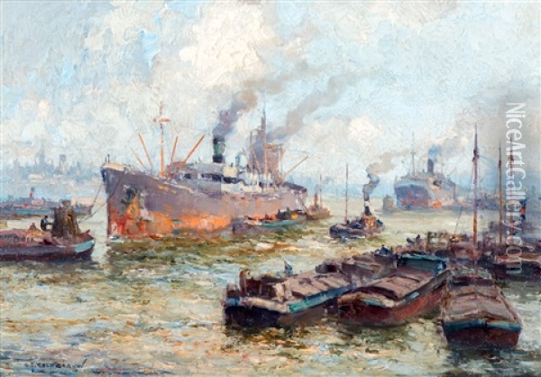 The Rotterdam Harbour Oil Painting - Gerard Delfgaauw