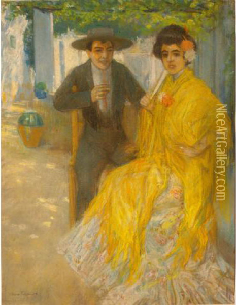 Le Jeune Couple Sous La Tonnelle Oil Painting - A Cardona