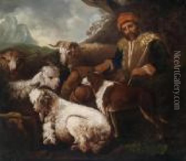 Shepherd And His Flock In A Landscape Oil Painting - Philipp Peter Roos