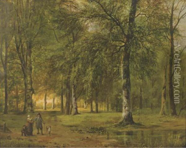 A View Of A Park With Figures Oil Painting - Barend Cornelis Koekkoek