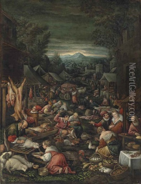 A Village On Market Day With Poultry And Other Livestock Oil Painting - Leandro da Ponte Bassano