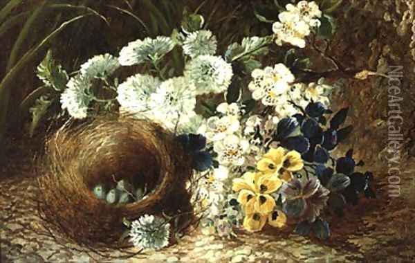 A Still Life of Flowers and a Birds Nest on a Mossy Bank Oil Painting - Vincent Clare