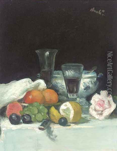 Still life of fruit and a rose Oil Painting - George Leslie Hunter