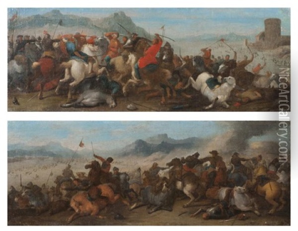 Combat De Cavaliers (pair) Oil Painting - Andrea di Leone