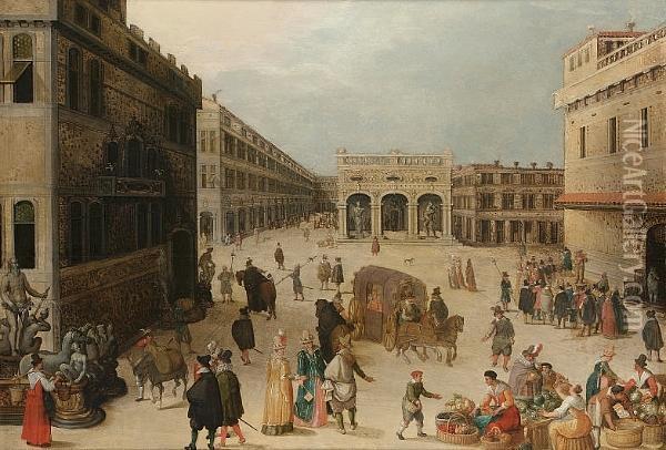 The Piazza Della Signoria, 
Florence, With A Carriage, Numerous Elegant Figures And Townsfolk 
Selling Their Wares Oil Painting - Louis de Caullery